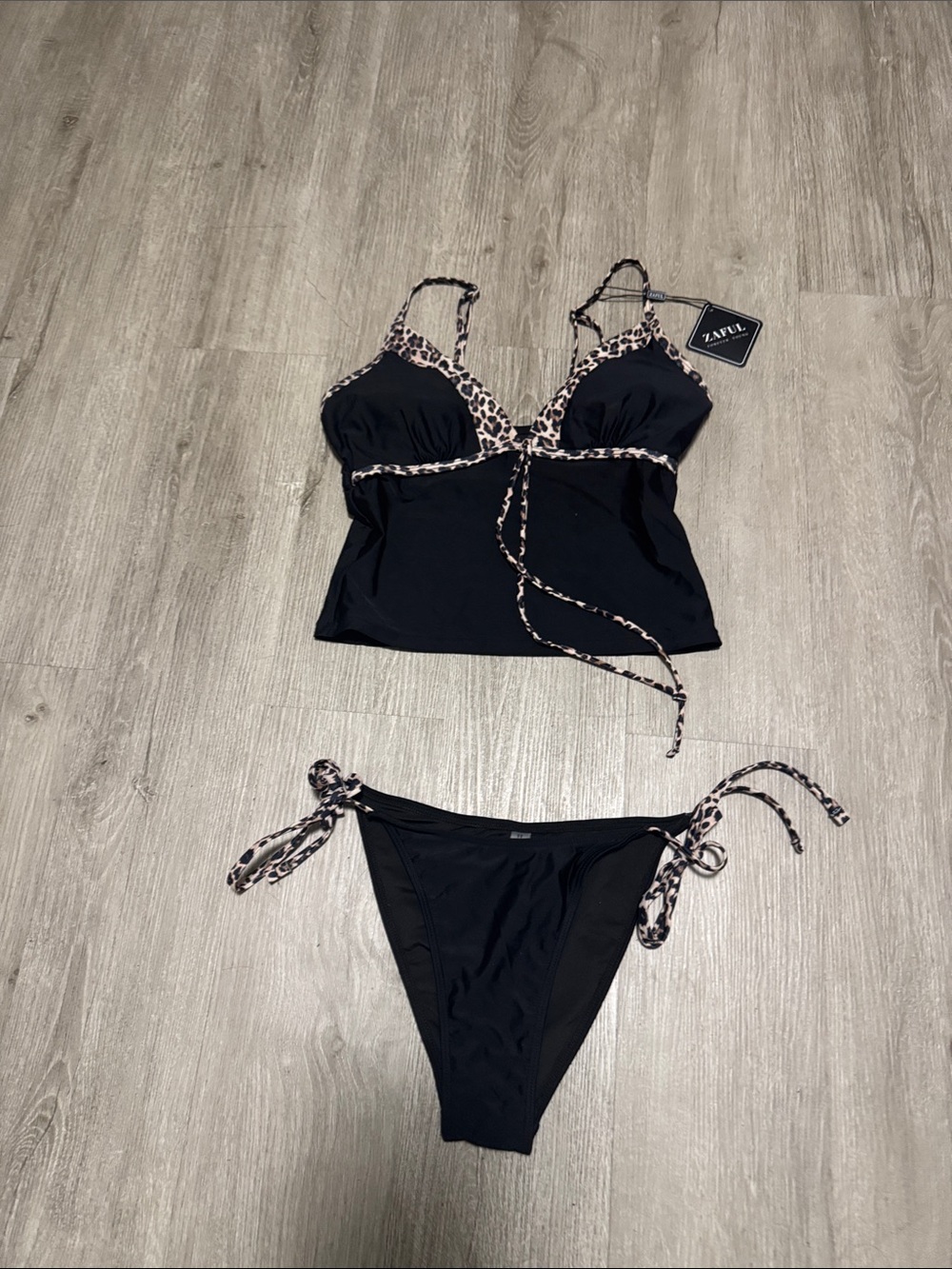 Zaful Black Bikini Set with Leopard-Trim Accents